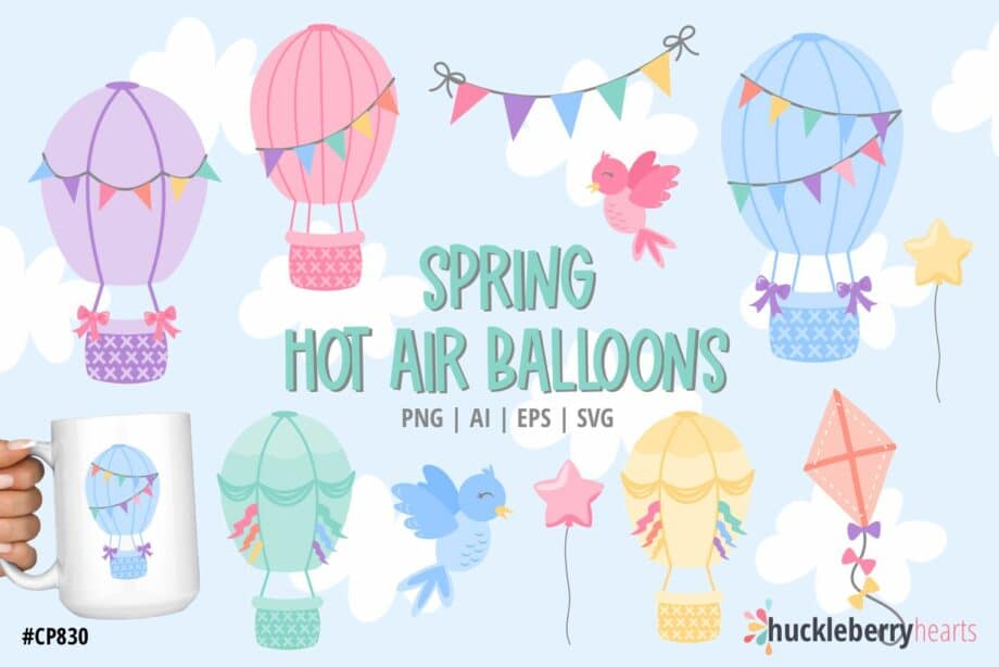 Assorted Spring Themed Hot Air Balloon Clipart and Vector Set