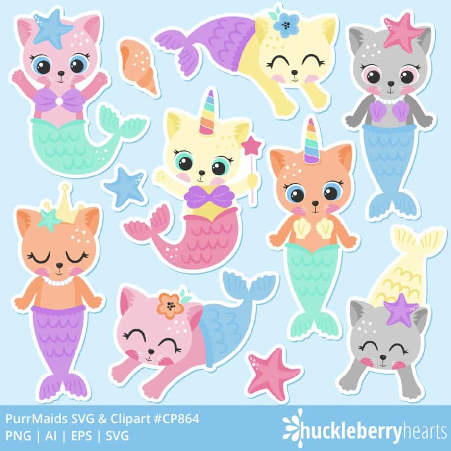 Assorted Mermaid Cat SVG and clipart Bundle