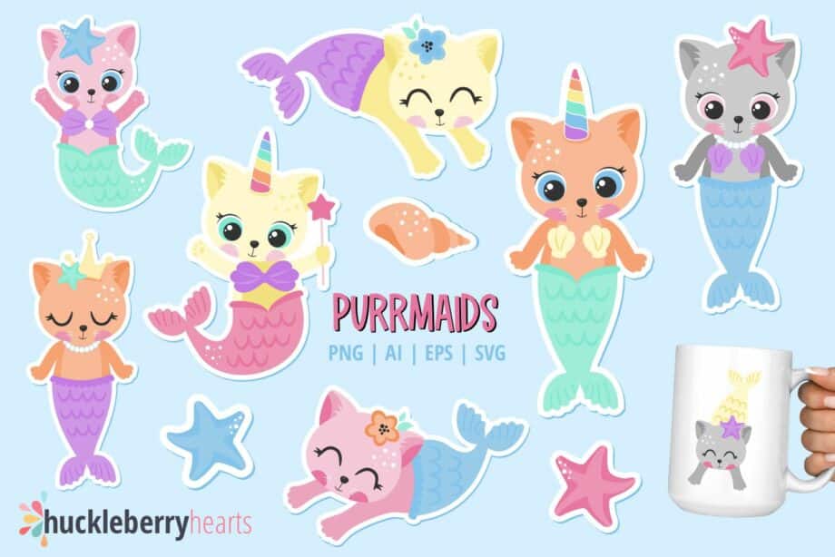 Mermaid Cat Themed Vector and Clipart Bundle