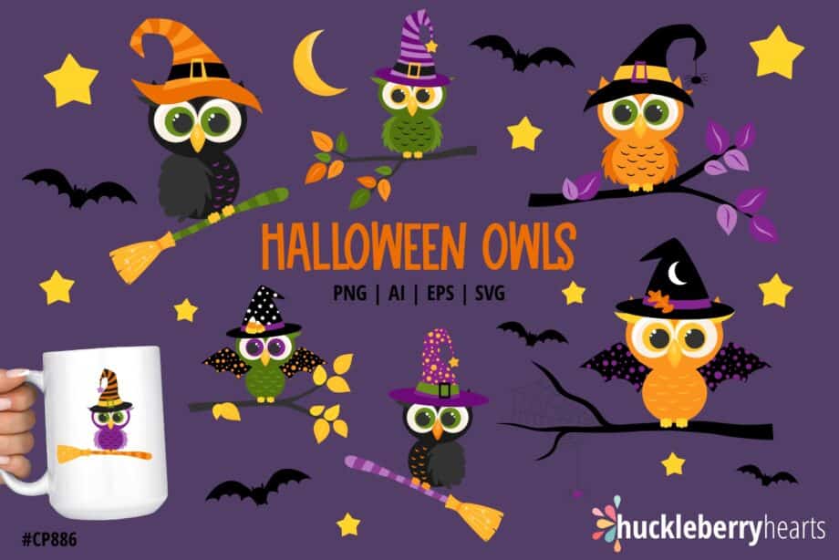 Assorted Halloween Owls Clipart and Vector Set